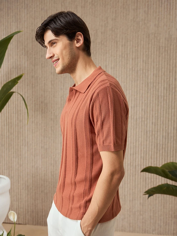 Rust Brown Flat Knit Solid Polo T-Shirt For Men