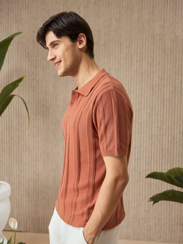 Rust Brown Flat Knit Solid Polo T-Shirt For Men