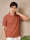 Rust Brown Flat Knit Solid Polo T-Shirt For Men