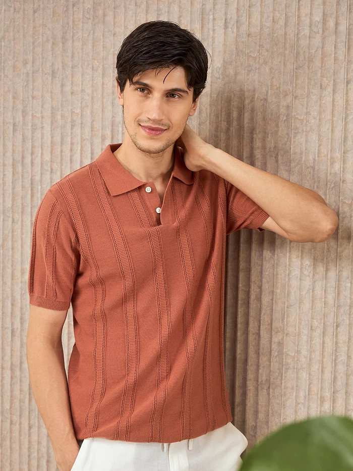 Rust Brown Flat Knit Solid Polo T-Shirt For Men