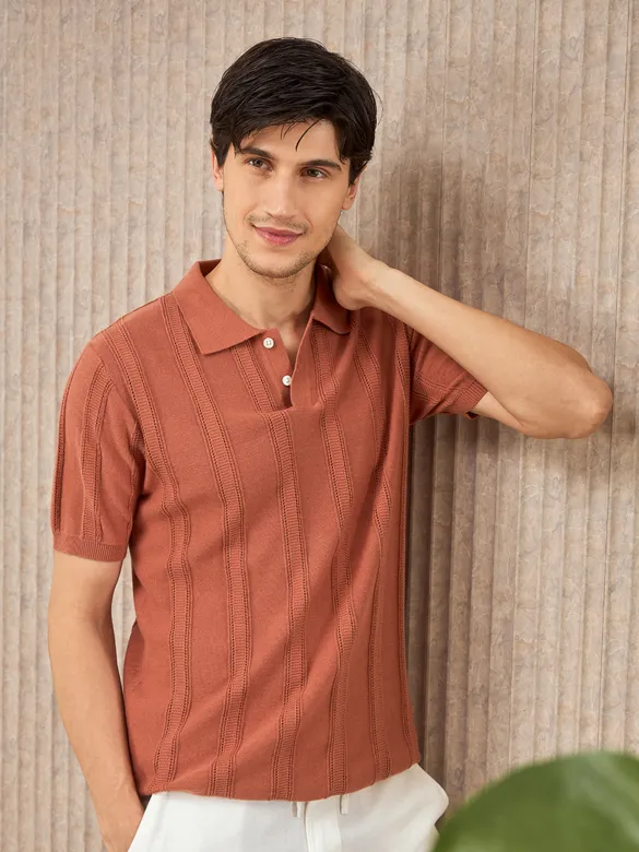 Rust Brown Flat Knit Solid Polo T-Shirt For Men
