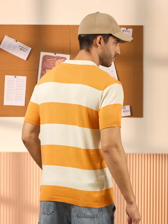White and Yellow Striped Polo T-Shirt For Men