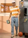White and Yellow Striped Polo T-Shirt For Men