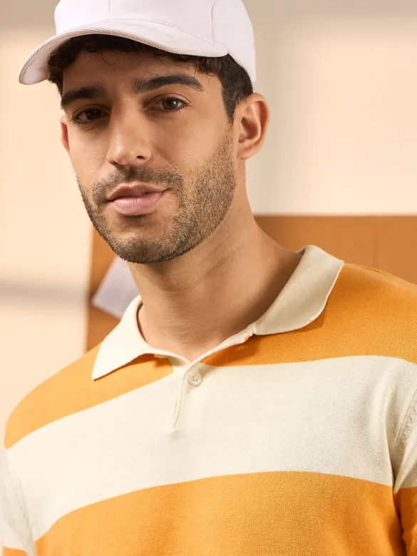 White and Yellow Striped Polo T-Shirt For Men