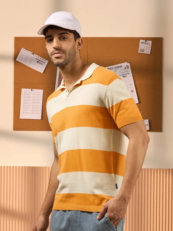White and Yellow Striped Polo T-Shirt For Men