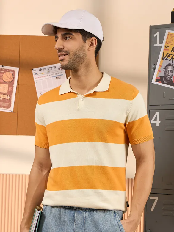 White and Yellow Striped Polo T-Shirt For Men