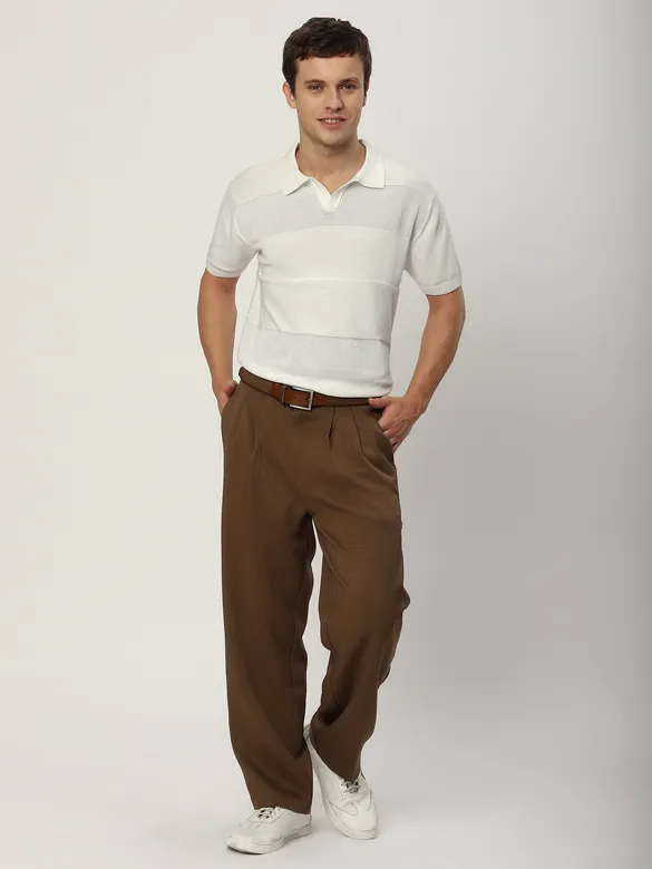 White Striped Flat Knit Polo T-Shirt