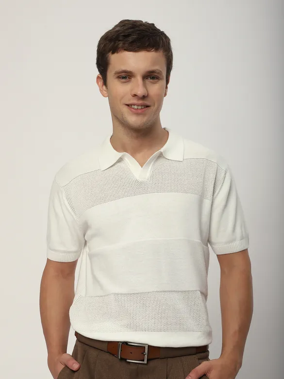 White Striped Flat Knit Polo T-Shirt