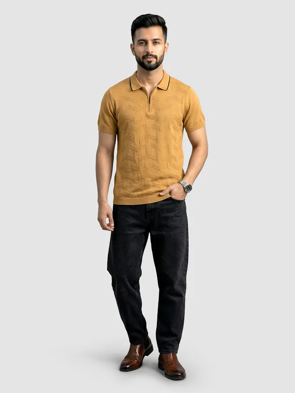 Mustard Geometric Textured Flat Knit Polo T-Shirt