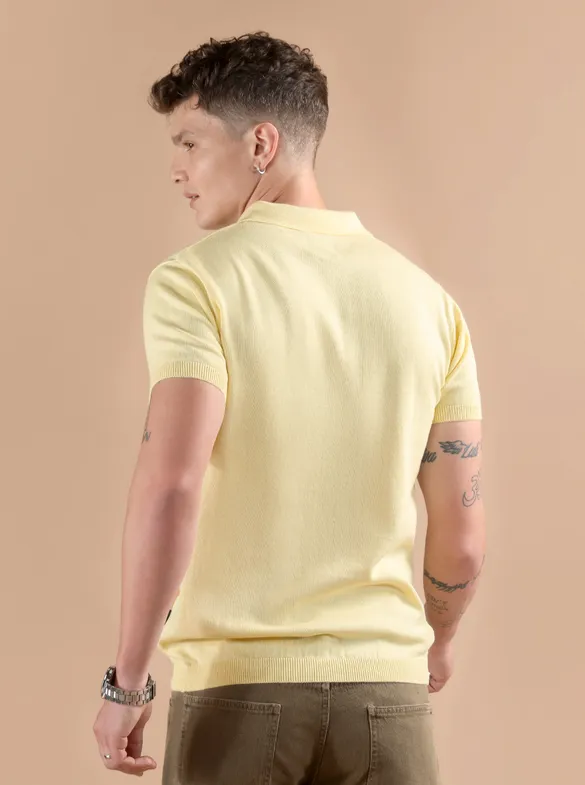 Daffodil Yellow Ribbed Collar Flat Knit Polo T-Shirt