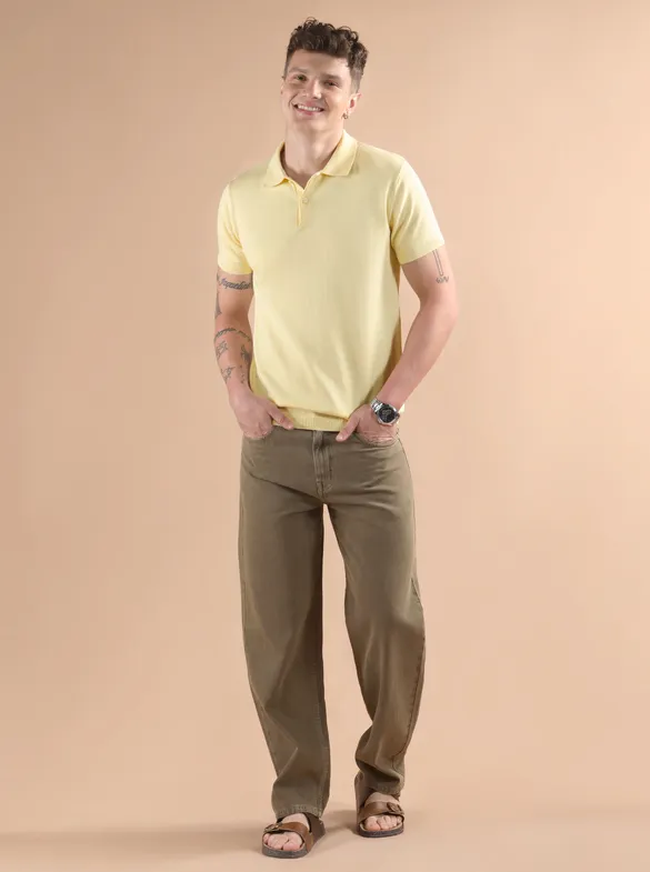 Daffodil Yellow Ribbed Collar Flat Knit Polo T-Shirt