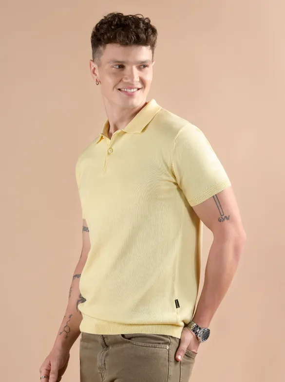 Daffodil Yellow Ribbed Collar Flat Knit Polo T-Shirt