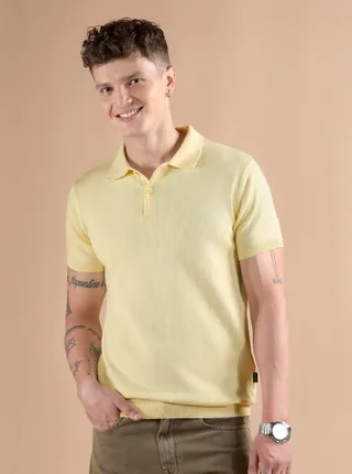 Daffodil Yellow Ribbed Collar Flat Knit Polo T-Shirt