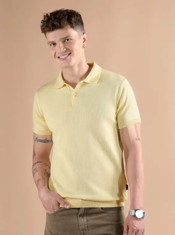 Daffodil Yellow Ribbed Collar Flat Knit Polo T-Shirt