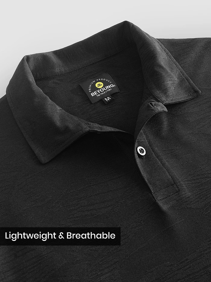 Black Brush Stroke Jacquard Textured Polo T-Shirt