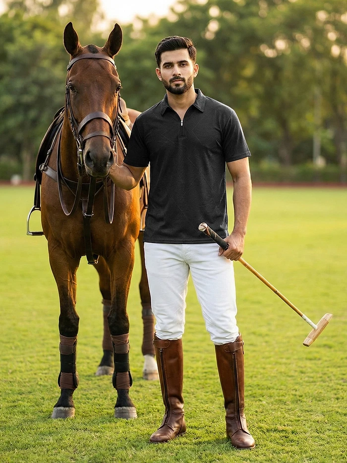 Black Abstract Jacquard Textured Zipper Polo T-Shirt