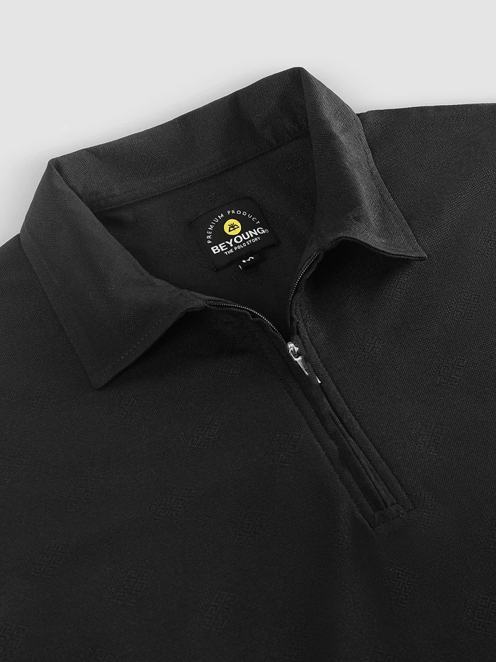 Black Geometric Jacquard Textured Zipper Polo T-Shirt