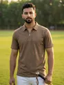 Brown Brush Stroke Jacquard Textured Zipper Polo T-Shirt