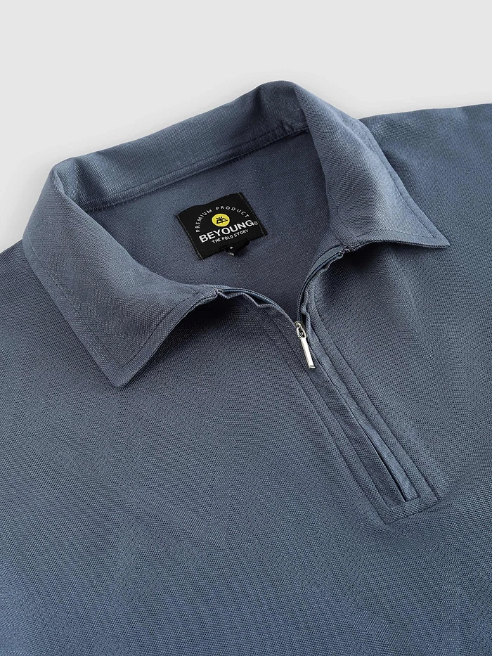Grey Abstract Jacquard Textured Zipper Polo T-Shirt