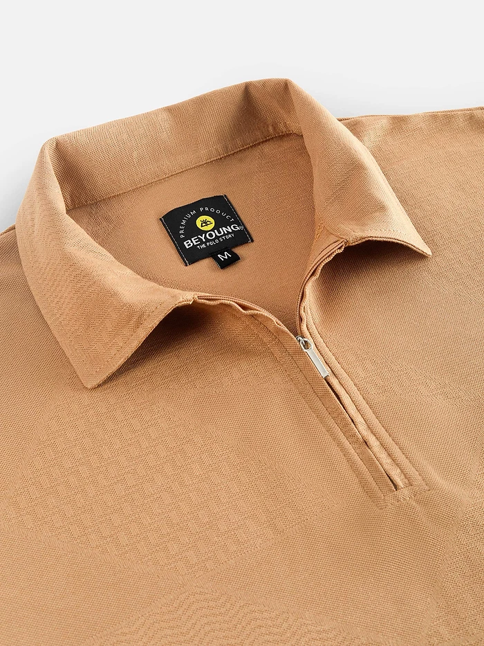 Maple Orange Abstract Jacquard Textured Zipper Polo T-Shirt