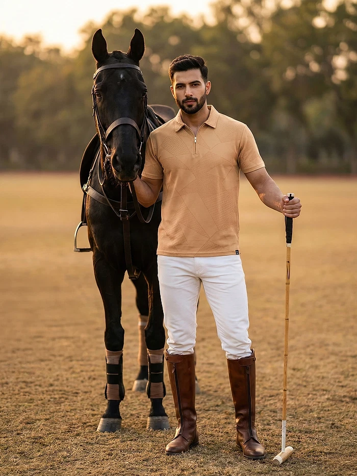 Maple Orange Abstract Jacquard Textured Zipper Polo T-Shirt