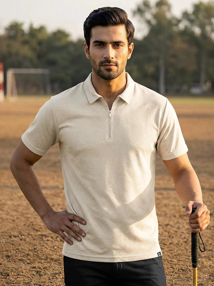 Beige Abstract Jacquard Textured Zipper Polo T-Shirt