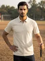 Beige Abstract Jacquard Textured Zipper Polo T-Shirt