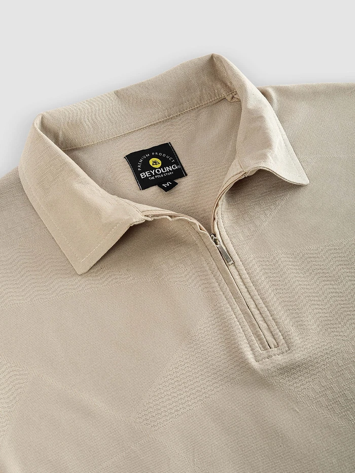 Beige Abstract Jacquard Textured Zipper Polo T-Shirt