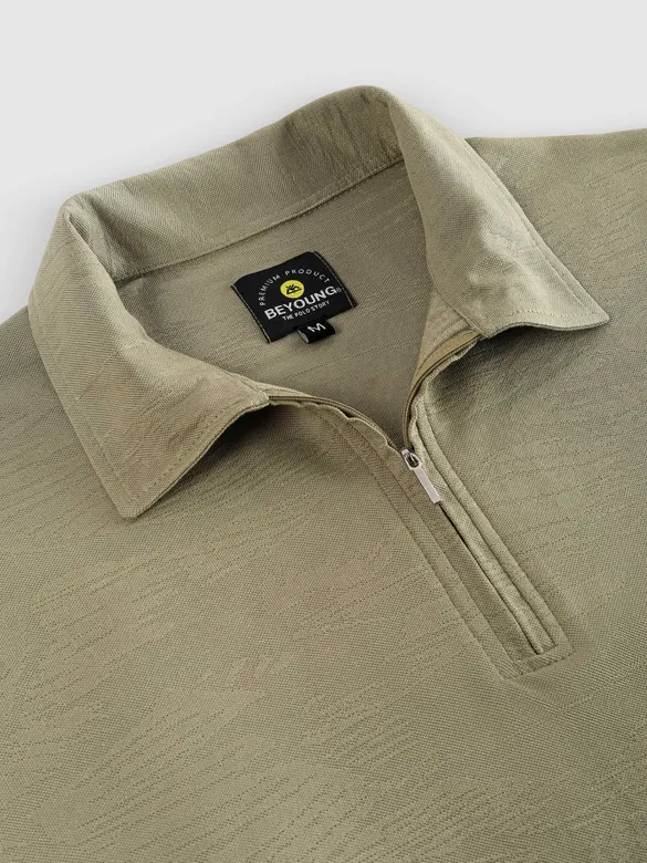 Sage Green Brush Stroke Jacquard Textured Zipper Polo T-Shirt