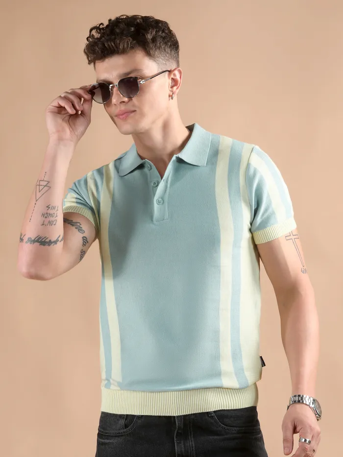 Ice Blue Vertical Striped Flat Knit Polo T-Shirt