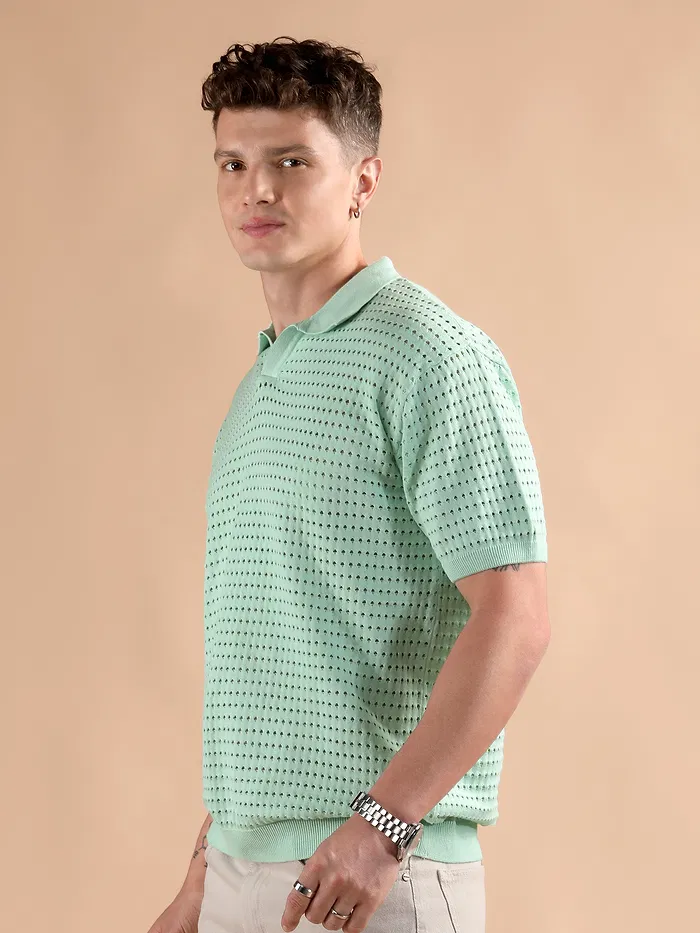 Mist Green Flat Knit Men?s Polo T-Shirt
