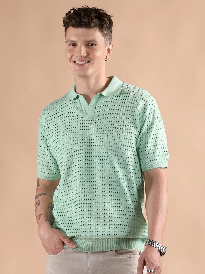 Mist Green Flat Knit Men?s Polo T-Shirt