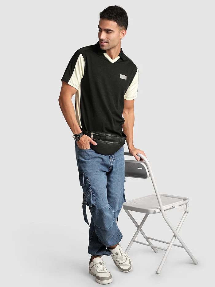 Black Sporty Color Block V-Neck Polo T-Shirt