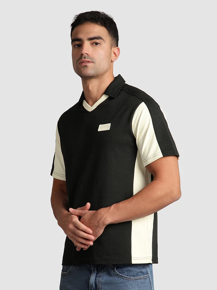 Black Sporty Color Block V-Neck Polo T-Shirt