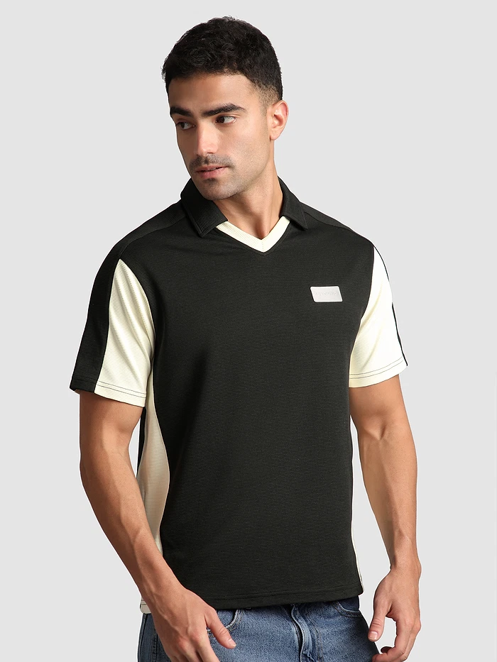 Black Sporty Color Block V-Neck Polo T-Shirt