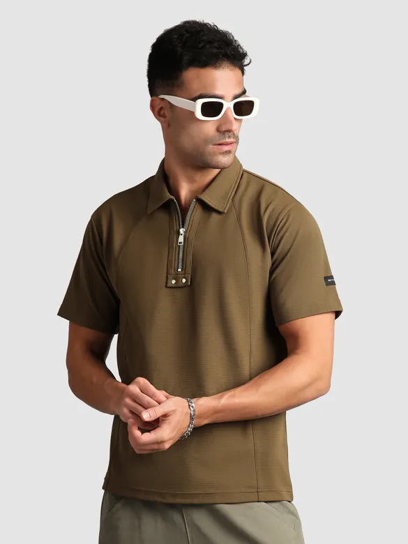 Brown Sporty Zipper Polo T-Shirt