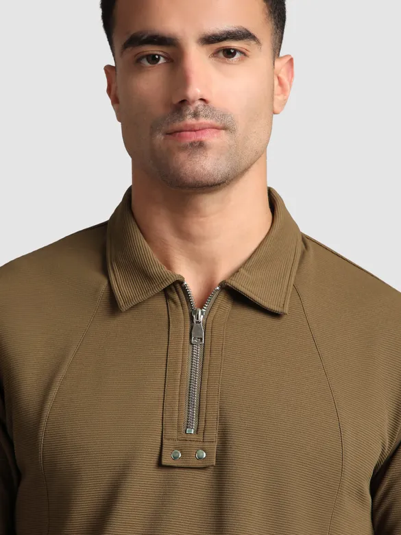 Brown Sporty Zipper Polo T-Shirt