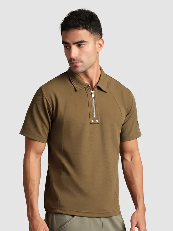 Brown Sporty Zipper Polo T-Shirt