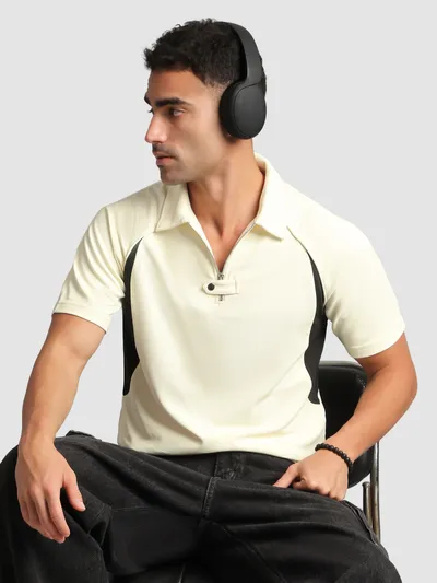 Cream Raglan Sleeve Zipper Polo T-Shirt