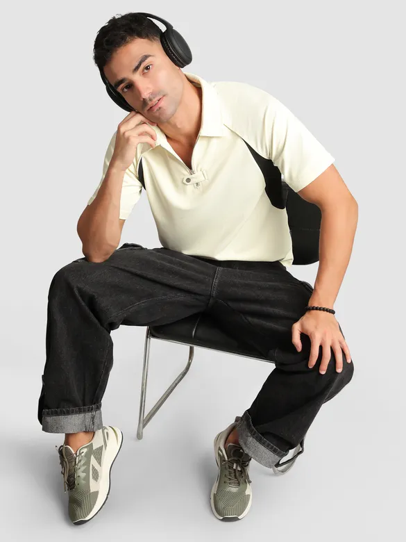 Cream Raglan Sleeve Zipper Polo T-Shirt