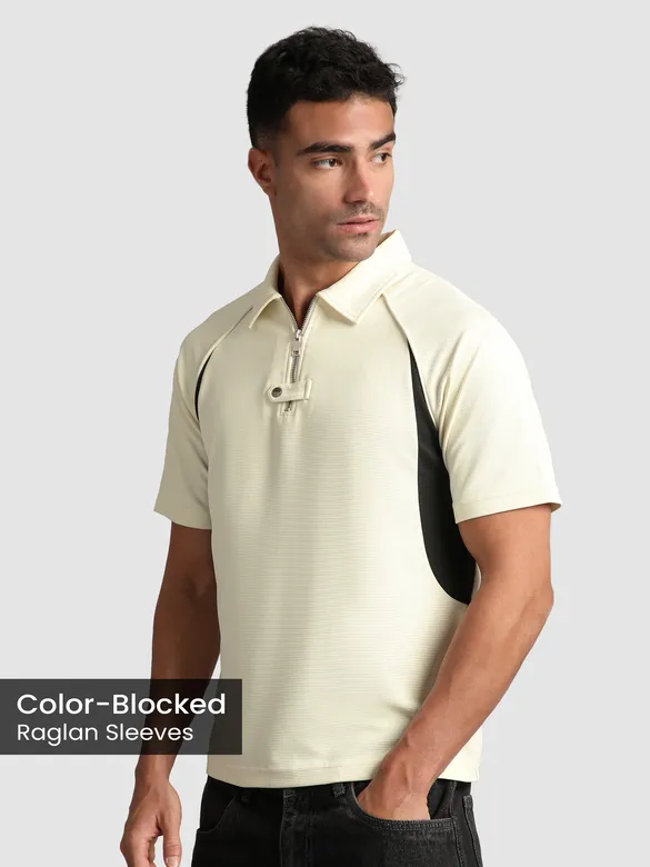 Cream Raglan Sleeve Zipper Polo T-Shirt
