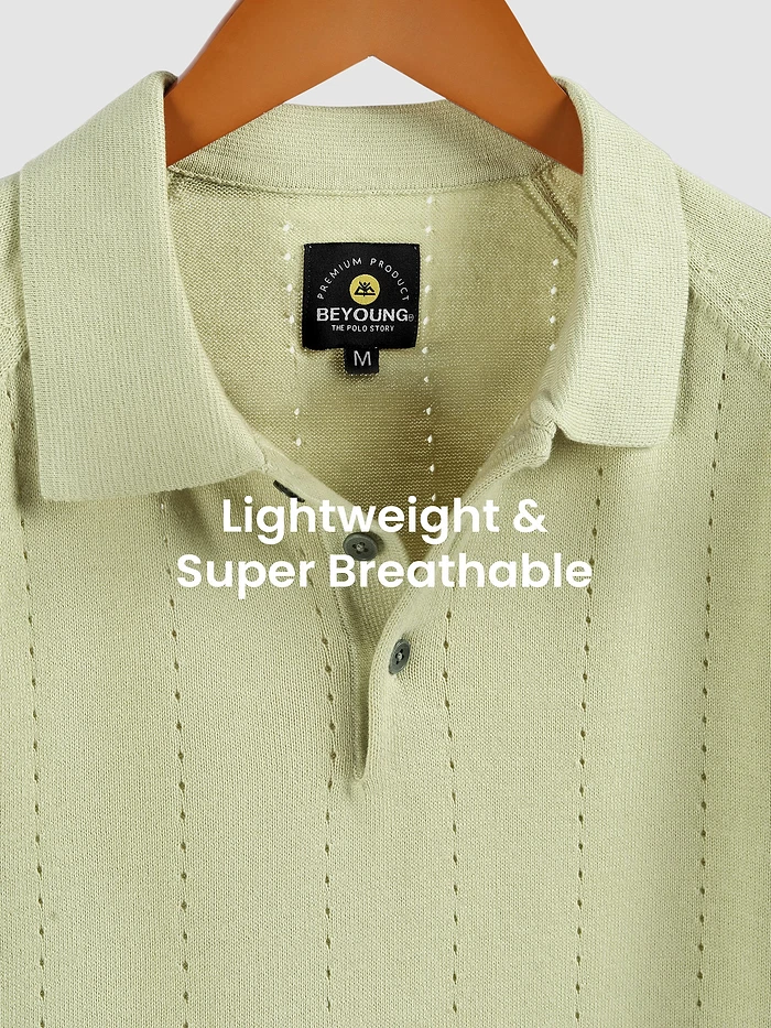 Pale Green Line Textured Flat Knit Polo T-Shirt