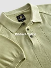 Pale Green Line Textured Flat Knit Polo T-Shirt