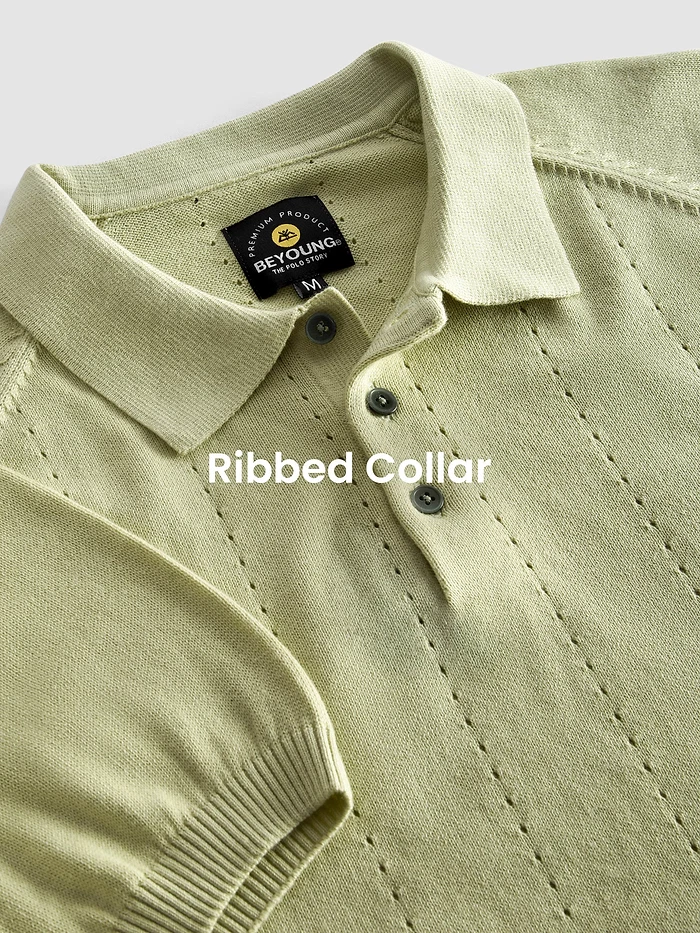 Pale Green Line Textured Flat Knit Polo T-Shirt