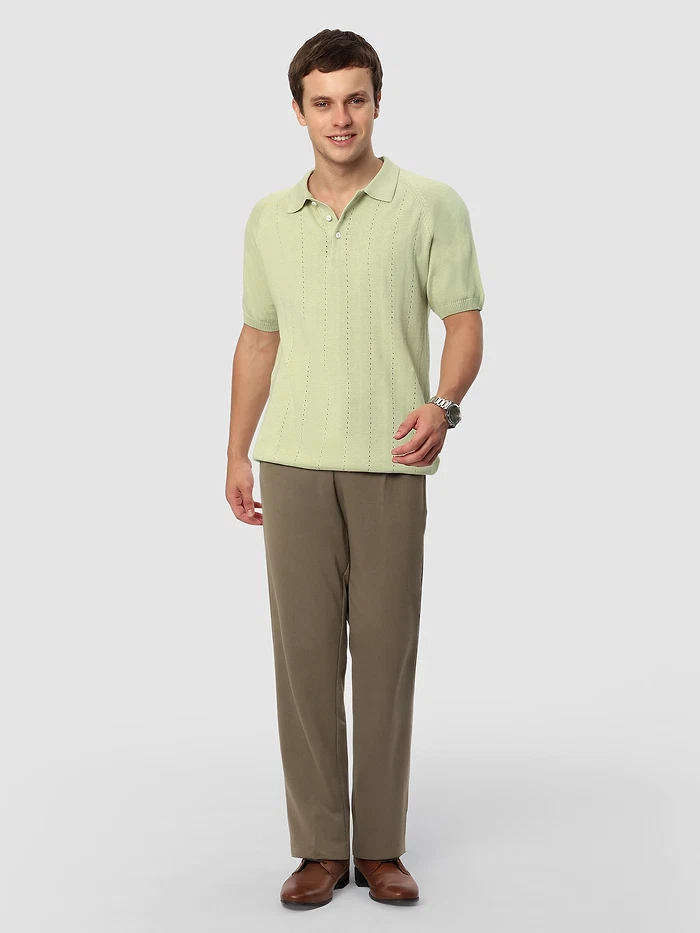 Pale Green Line Textured Flat Knit Polo T-Shirt