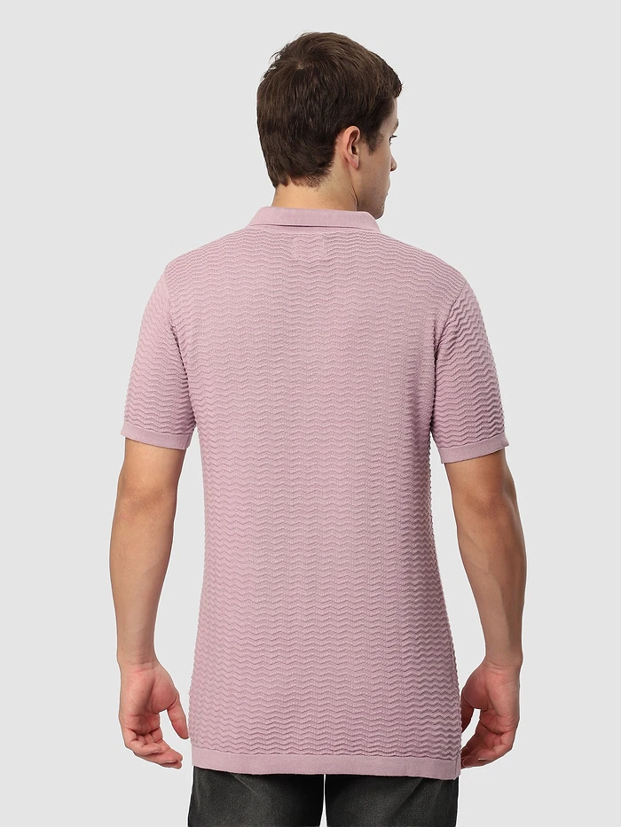 Pastel Pink Wave Textured Flat Knit Polo T-Shirt