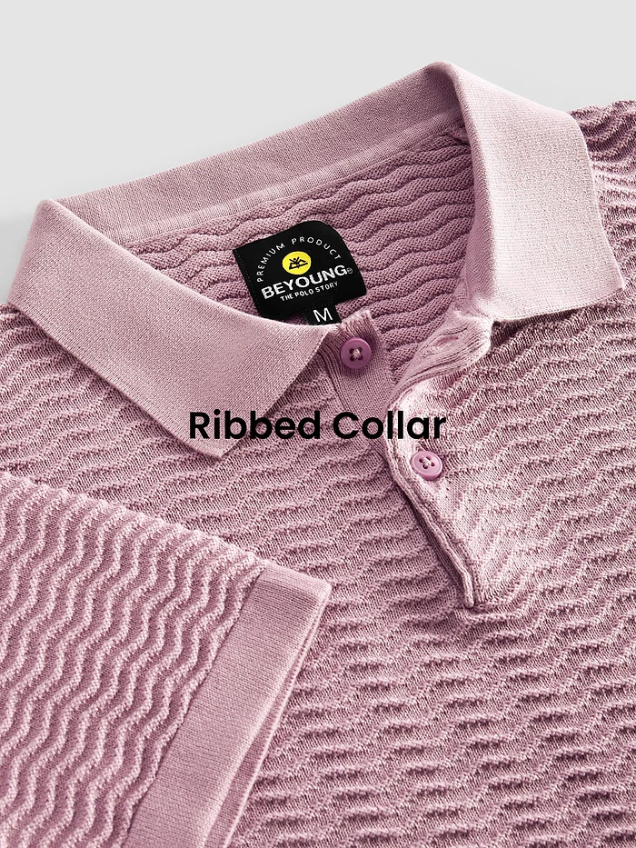 Pastel Pink Wave Textured Flat Knit Polo T-Shirt