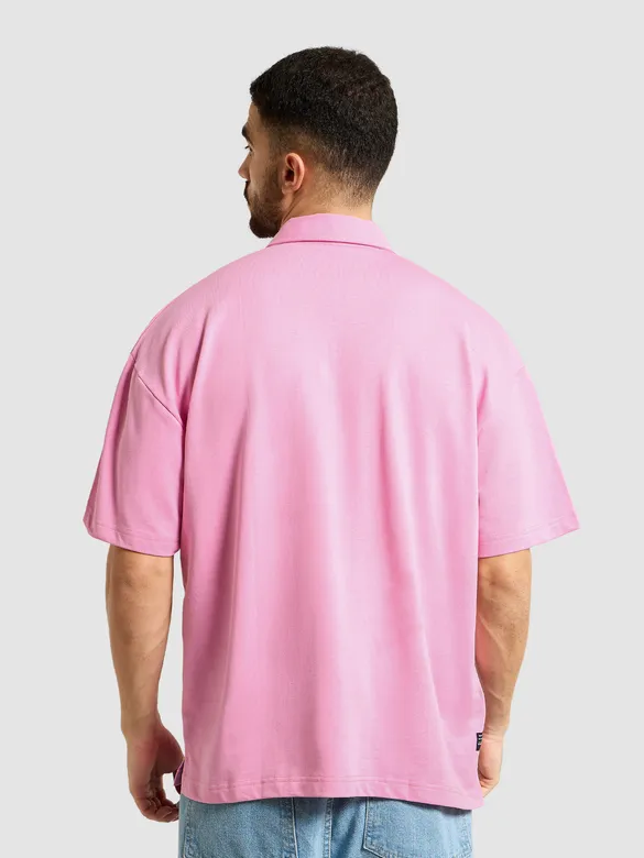 Pink Oversized Zipper Polo T-shirt