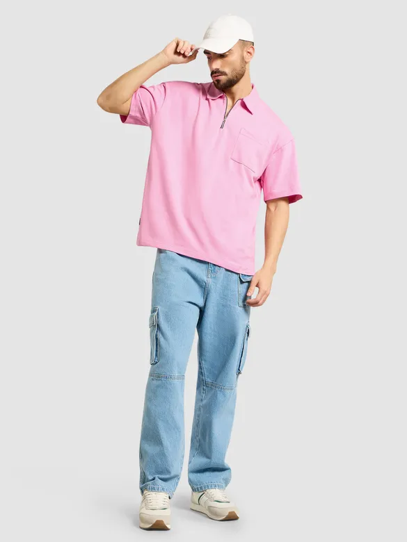 Pink Oversized Zipper Polo T-shirt