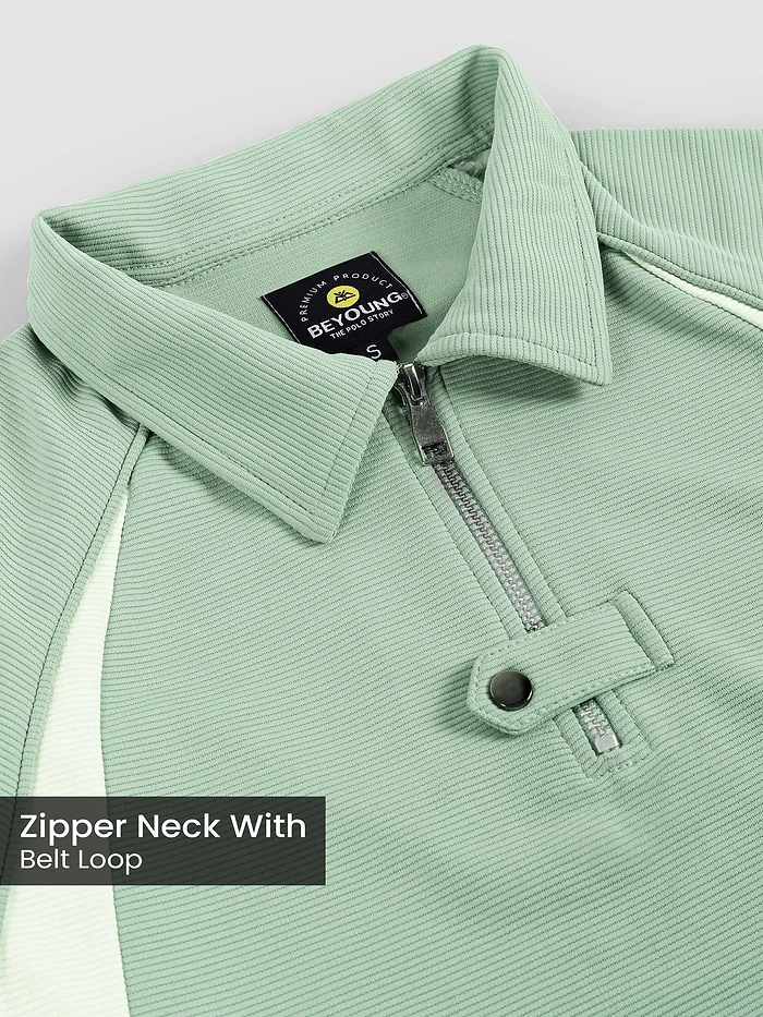 Sage Green Raglan Sleeve Zipper Polo T-Shirt